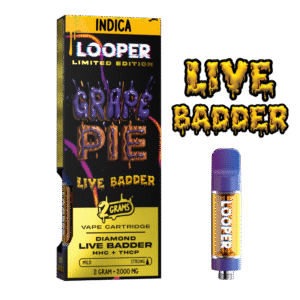 Detail of Live Badder 2g Grape Pie Cartridge showing the concentrate texture and sleek design.