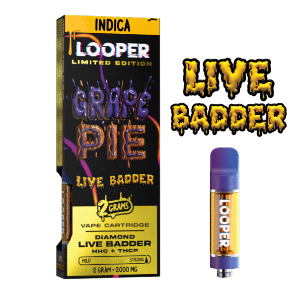 Detail of Live Badder 2g Grape Pie Cartridge showing the concentrate texture and sleek design.