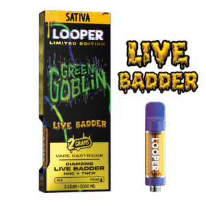 Detail of Live Badder 2g Green Goblin Cartridge showing the concentrate texture and sleek design.