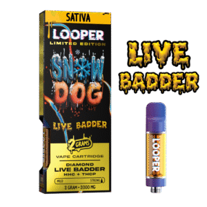 Detail of Live Badder 2g Snow Dog Cartridge showing concentrate texture and sleek design.