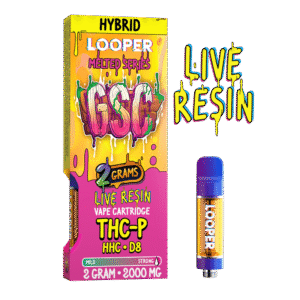 looperverse-melted-series-2g-gsc-cartridge: A clear product shot of the Looperverse Melted Series 2G Cartridge featuring the GSC strain, highlighting its size and branding.