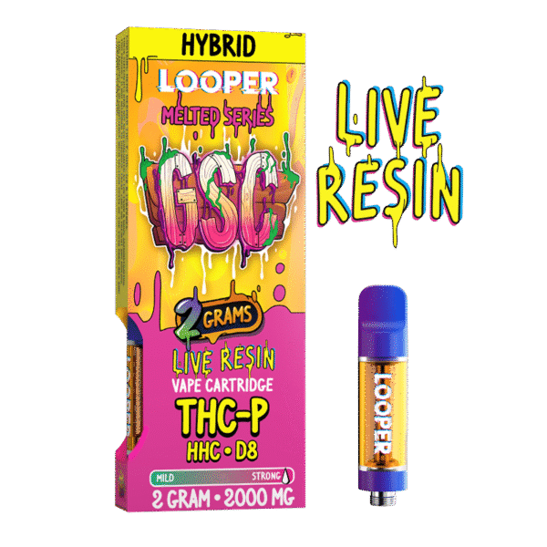 looperverse-melted-series-2g-gsc-cartridge: A clear product shot of the Looperverse Melted Series 2G Cartridge featuring the GSC strain, highlighting its size and branding.