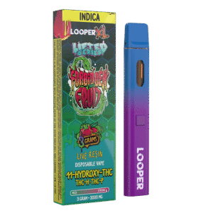 looperverse-lifted-series-3g-disposable-forbidden-fruit-vape: A clear product shot of the Looperverse Lifted Series 3G Disposable vape pen, highlighting its sleek design and the Forbidden Fruit strain.