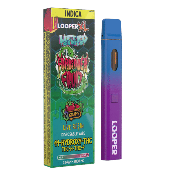looperverse-lifted-series-3g-disposable-forbidden-fruit-vape: A clear product shot of the Looperverse Lifted Series 3G Disposable vape pen, highlighting its sleek design and the Forbidden Fruit strain.
