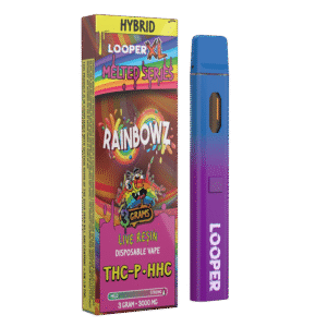 looperverse-melted-series-3g-disposable-rainbowz-vape: A clear product shot of the Looperverse Melted Series 3G Disposable vape pen, highlighting its sleek design and the Rainbowz strain.
